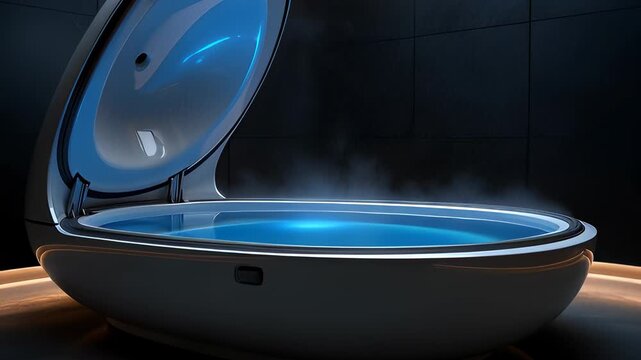Sensory Deprivation Tank: AI Generated Modern Float Pod for Relaxation, Wellness, and Flotation Therapy in a Futuristic Spa with Blue Light.