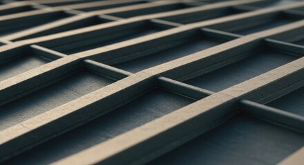 Abstract geometric pattern of intersecting metallic bars against a dark textured background