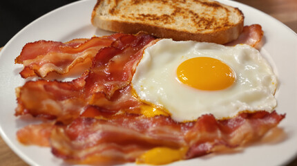 A plate of breakfast with fried egg, crispy bacon, and toasted bread.