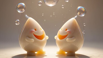 A heartwarming AI animation of shared laughter, where two cute characters express joy and love together amidst floating bubbles.