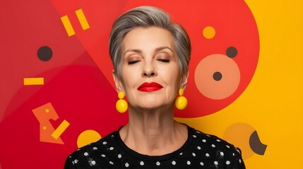Striking portrait of an elegant mature woman with silver hair, bold makeup, and confident expression set against a vibrant geometric red and yellow background ideal for modern beauty, fashion, and cre