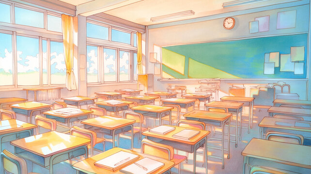 誰もいない放課後の教室風景｜学校の一日｜黒板と机｜窓際の光｜学び舎の記憶｜静けさ｜日常の切り取り｜校舎内｜季節感ある背景素材｜教育系イラスト