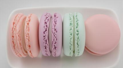 Close-up shot of colorful macarons arranged on a white rectangular plate, delicious dessert.