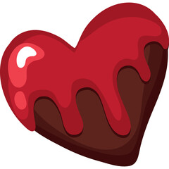 Deep Red Heart Shaped Chocolate Candy with Glossy Icing Drips and a Transparent Background Isolated