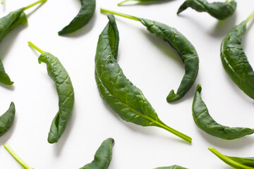 Curled spinach leaves on white background.