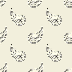 Hand drawn black and white intricate line art Paisley seamless pattern on bright background