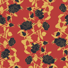 Vintage seamless pattern with hand drawn black rose flowers on red background