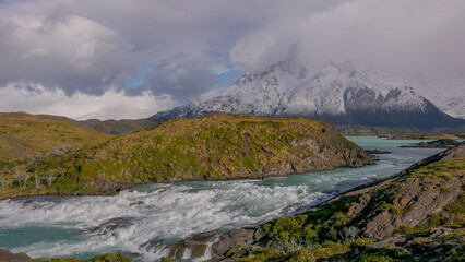 waterfall on the paine river near salto grande at torres del paine