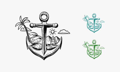 old anchor and beach vector illustration