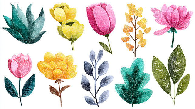 Flower crayon watercolor spring floral set. Hand drawn pastel crayon flower, leaf, plant with chalk texture. Cute nature background for kid, child, garden doodle element design. Vector illustration