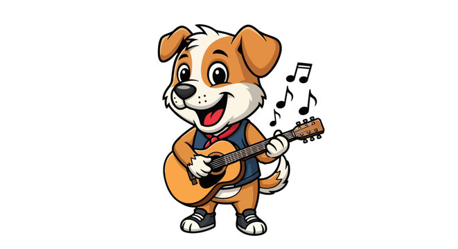 Happy brown and white dog mascot cartoon character wearing a bandana playing an acoustic guitar with musical notes isolated on a white background