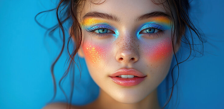 Fashion model woman young, bright makeup, posing confidently against soft blue studio background. Concept LGBTQ and pride concept.