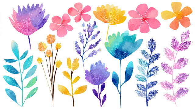 Flower crayon watercolor spring floral set. Hand drawn pastel crayon flower, leaf, plant with chalk texture. Cute nature background for kid, child, garden doodle element design. Vector illustration