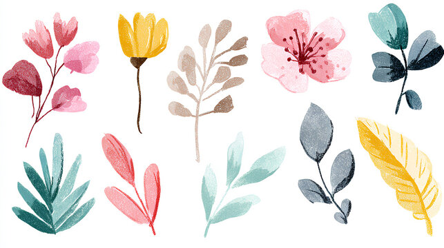 Flower crayon watercolor spring floral set. Hand drawn pastel crayon flower, leaf, plant with chalk texture. Cute nature background for kid, child, garden doodle element design. Vector illustration