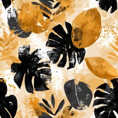 Naklejka premium Botanical pattern with abstract leaves. Modern elegant tropical foliage art. Contemporary watercolor painting for wallpaper, textile, background.