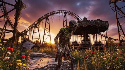 Zombie apocalypse survivor walking through an abandoned amusement park with a derelict carousel and roller coaster at sunset creating a haunting and surreal atmosphere