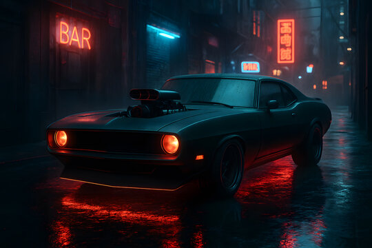 Gritty Cyberpunk Muscle Car in Neon Rain