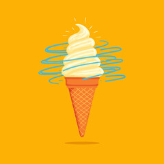 Stylized Ice Cream Cone in Vector Art Over Orange Background