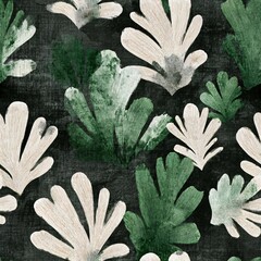 Naklejka premium Abstract seamless pattern of green and white fan-like botanical shapes with textural detail on a dark background for fabric or digital design