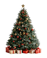 Decorated Christmas Tree With Red And Gold Ornaments On Transparent Background