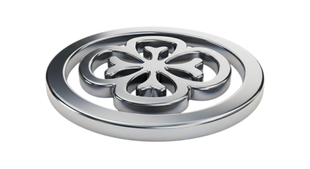 Polished Silver Metal Emblem, with four petal clover shape inside a circular frame, isolated on white or transparent background. PNG