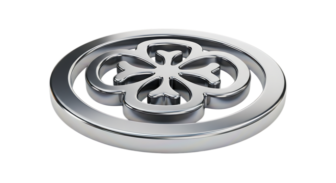 Polished Silver Metal Emblem, with four petal clover shape inside a circular frame, isolated on white or transparent background. PNG