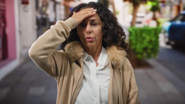 Woman with curly hair standing outdoors in a city street wearing a coat, looking mature and thoughtful, surrounded by urban scenery, evoking thoughts of reflection.