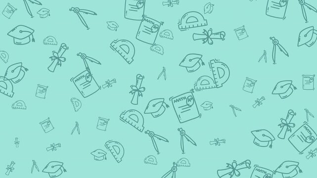 A seamless pattern of hand-drawn education and math icons. Light green background, featuring school supplies and graduation symbols
