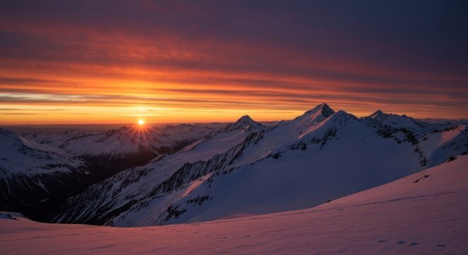 Mountain peaks with snowy slopes are illuminated by a fiery sunset
