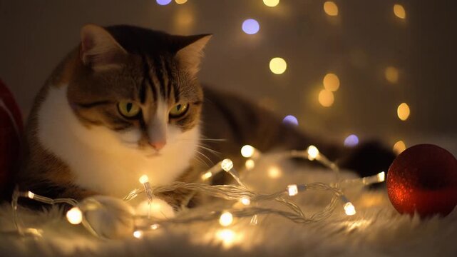 Cat playing with Christmas lights, wrapped around, Christmas mood, MP4 video. AI