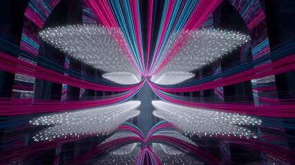 Symphony of Light: A futuristic VJ loop with magenta and cyan neon streaks racing through a reflective gothic tunnel. - Powered by Adobe