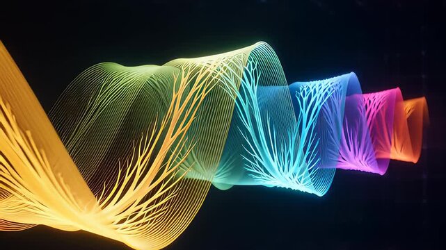 Synesthesia visualization of a colorful, abstract energy wave with a glowing neural network pattern flowing in a futuristic digital space.