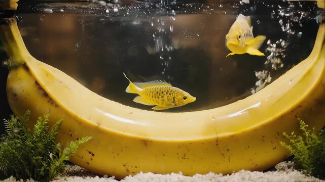 Two yellow fish swim near a banana in a fish tank with a sandy bottom