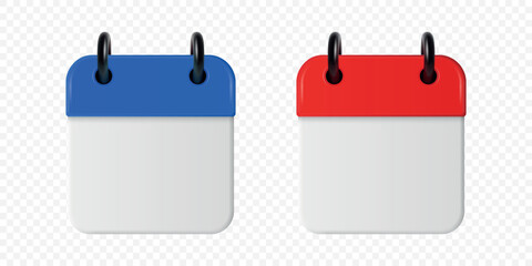 Vector 3d Calendar Icon Set in Blue and Red. Blank Square Calendar Icon Template for Planner, Schedule, Organizer, Date Reminder. Office Design Element, Modern Calendar, Front View