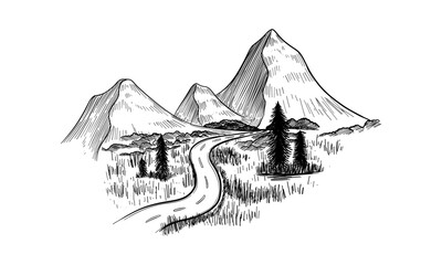 Fototapeta premium Sketch of a landscape with a road and mountains. Hand drawn illustration converted to vector