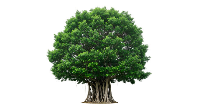 Large Ficus Tree, with exposed root system and lush green foliage, isolated on white or transparent background. PNG - Powered by Adobe