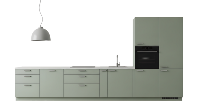 Modern sage green kitchen cabinetry, with integrated oven and sink, isolated on white or transparent background. PNG