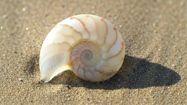 Sunlit spiral nautilus shell resting on a sandy beach; nature background
