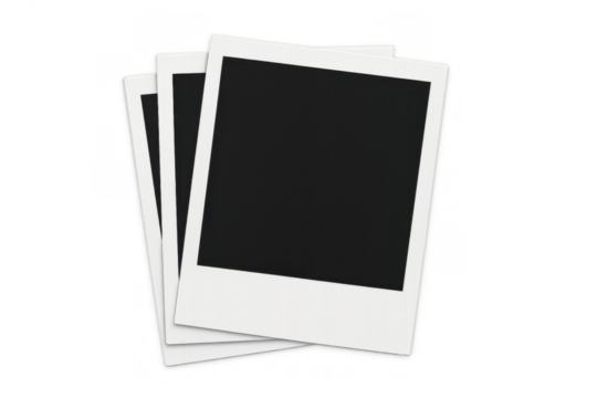 Stack of blank instant film frames with white borders, ready for personalized memories, on transparent background - Powered by Adobe
