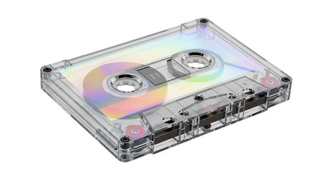 Clear audio cassette tape, with iridescent reel and metallic spools, isolated on white or transparent background. PNG