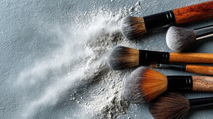 Top view of various makeup brushes on a marble table, powder explosion dust, artistic mess, beauty salon concept, luxury and clean look 