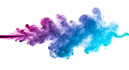 Swirling pink and blue ink cloud, dissolving in water with wispy tendrils, isolated on white or transparent background. PNG