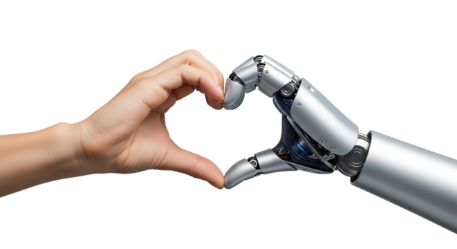 Human hand and robotic arm, forming a heart shape, isolated on white or transparent background. PNG