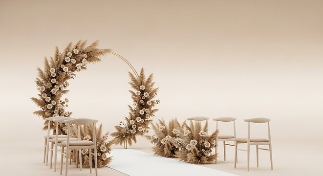 Floral decorated wedding setup with chairs in neutral color scheme space