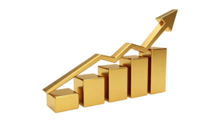 Golden 3 D Bar Chart, with upward trending arrow, isolated on white or transparent background. PNG