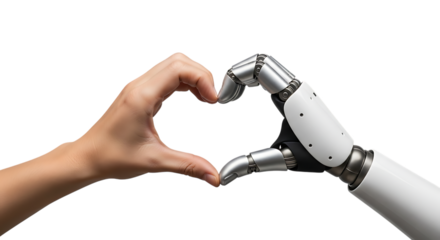 Human hand and robotic arm, forming a heart shape with metallic and white components, isolated on white or transparent background. PNG