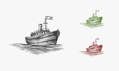 Sailing boat, fishing, sails, retro, sailor, floating,retro,realistic, marine, sketch,vector hand drawn illustration isolated