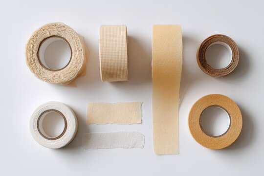 Assorted adhesive tapes and strips on a white surface, top-down view