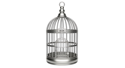 Ornate Silver Metal Birdcage, with hinged door and latch, isolated on white or transparent background. PNG