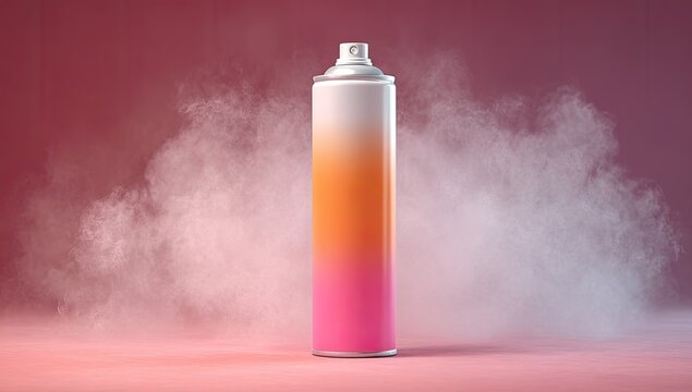 Gradient spray can with white mist on a gradient background